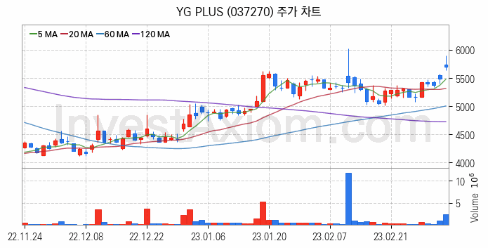 음원 관련주 YG PLUS 주식 종목의 분석 시점 기준 최근 일봉 차트