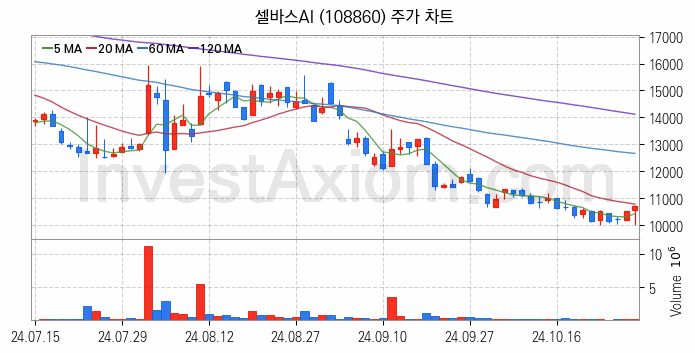 의료AI 관련주 셀바스AI 주식 종목의 분석 시점 기준 최근 일봉 차트