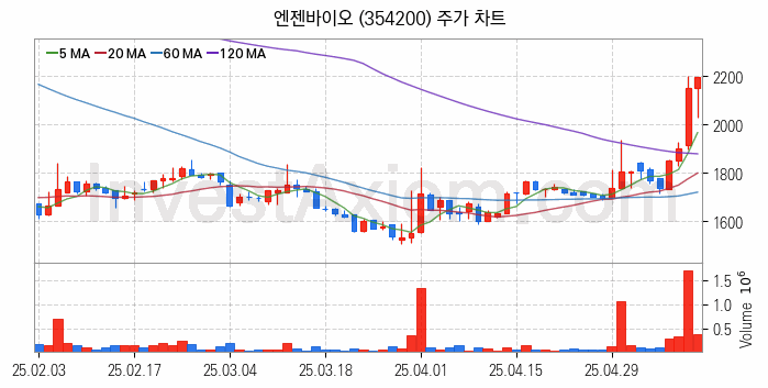 의료AI 관련주 엔젠바이오 주식 종목의 분석 시점 기준 최근 일봉 차트