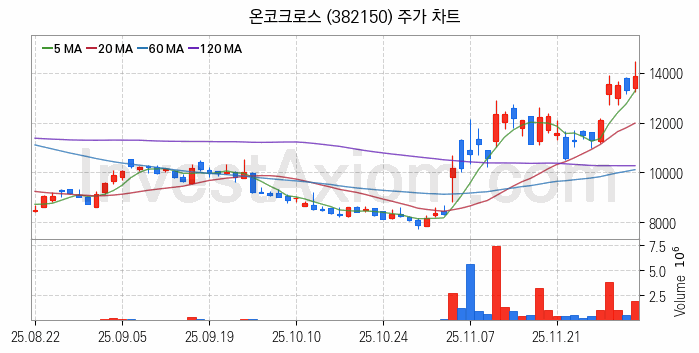 의료AI 관련주 온코크로스 주식 종목의 분석 시점 기준 최근 일봉 차트