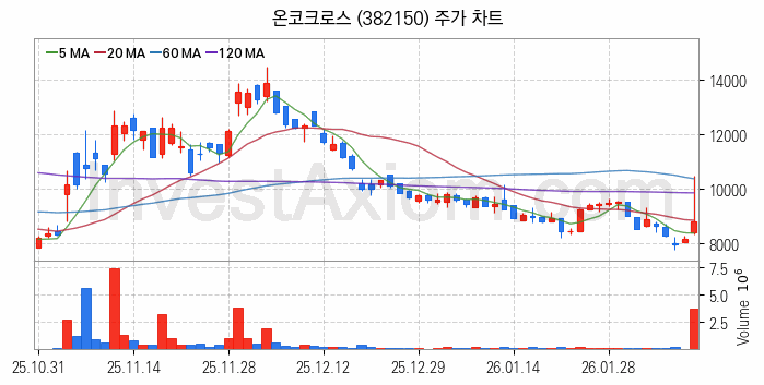 의료AI 관련주 온코크로스 주식 종목의 분석 시점 기준 최근 일봉 차트