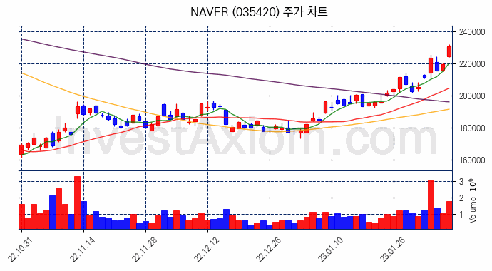 NAVER 주식 종목의 분석 시점 기준 최근 70일 간의 일봉 차트