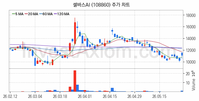 인공지능챗봇 ChatGPT 관련주 셀바스AI 주식 종목의 분석 시점 기준 최근 일봉 차트