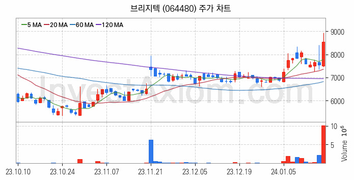 인터넷은행 관련주 브리지텍 주식 종목의 분석 시점 기준 최근 일봉 차트