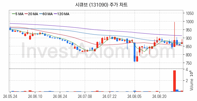 인터넷은행 관련주 시큐브 주식 종목의 분석 시점 기준 최근 일봉 차트