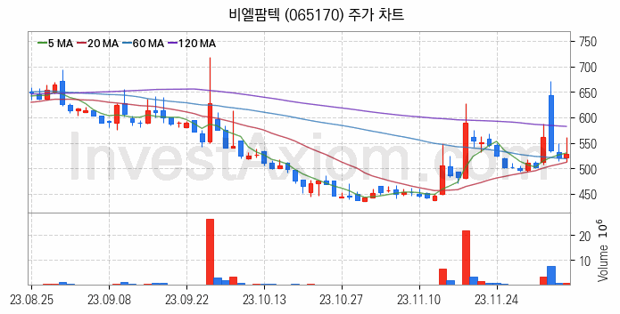 자원개발 관련주 비엘팜텍 주식 종목의 분석 시점 기준 최근 일봉 차트