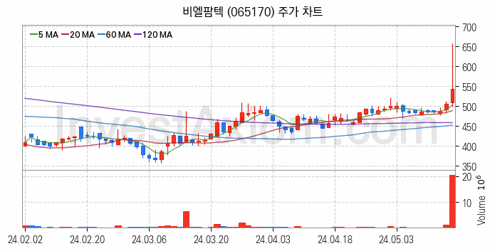 자원개발 관련주 비엘팜텍 주식 종목의 분석 시점 기준 최근 일봉 차트