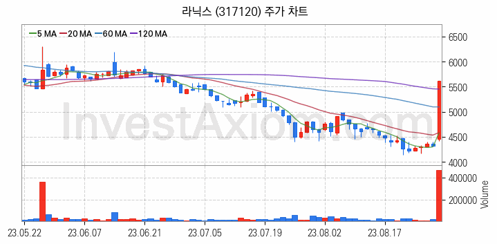 자율주행차 관련주 라닉스 주식 종목의 분석 시점 기준 최근 일봉 차트