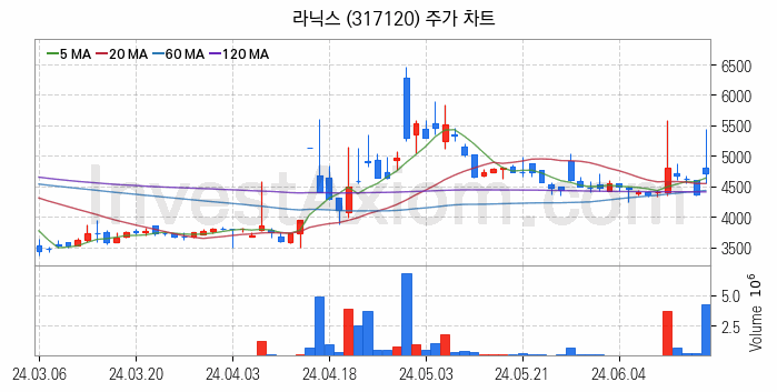 자율주행차 관련주 라닉스 주식 종목의 분석 시점 기준 최근 일봉 차트