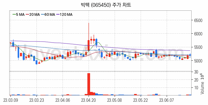 자전거 관련주 빅텍 주식 종목의 분석 시점 기준 최근 일봉 차트