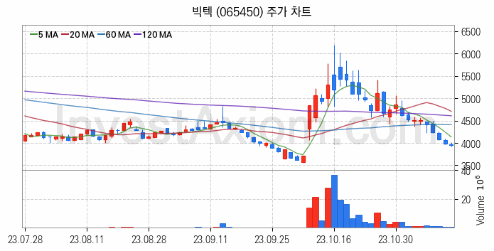 자전거 관련주 빅텍 주식 종목의 분석 시점 기준 최근 일봉 차트