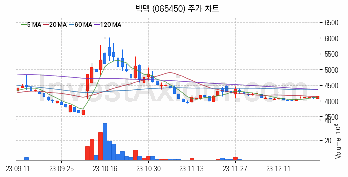 자전거 관련주 빅텍 주식 종목의 분석 시점 기준 최근 일봉 차트