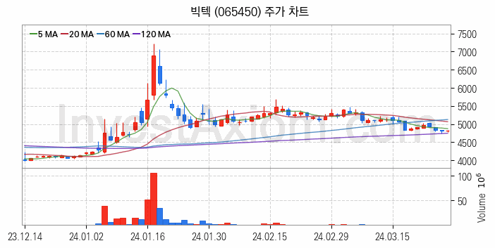 자전거 관련주 빅텍 주식 종목의 분석 시점 기준 최근 일봉 차트