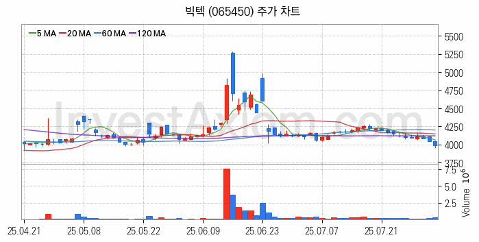 자전거 관련주 빅텍 주식 종목의 분석 시점 기준 최근 일봉 차트