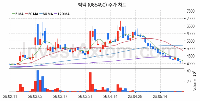 자전거 관련주 빅텍 주식 종목의 분석 시점 기준 최근 일봉 차트