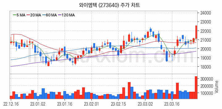 전기차 관련주 와이엠텍 주식 종목의 분석 시점 기준 최근 일봉 차트