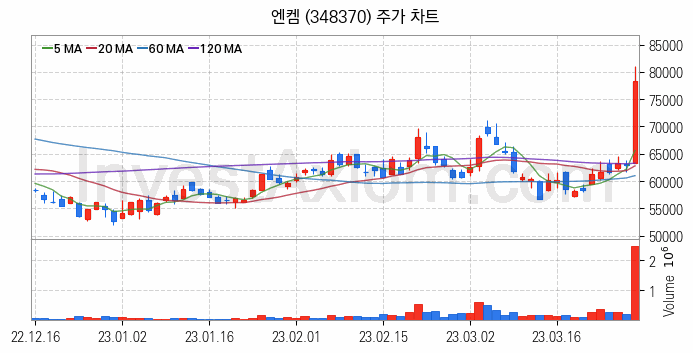 전기차 관련주 엔켐 주식 종목의 분석 시점 기준 최근 일봉 차트