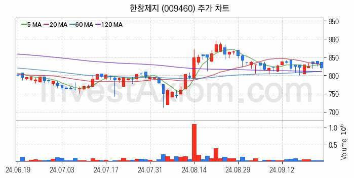 제지 관련주 한창제지 주식 종목의 분석 시점 기준 최근 일봉 차트