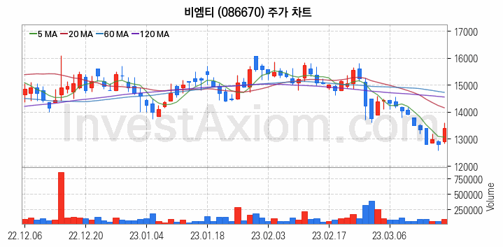 조선기자재 관련주 비엠티 주식 종목의 분석 시점 기준 최근 일봉 차트