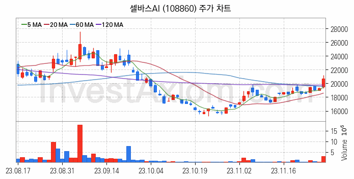 지능형로봇 인공지능AI 관련주 셀바스AI 주식 종목의 분석 시점 기준 최근 일봉 차트