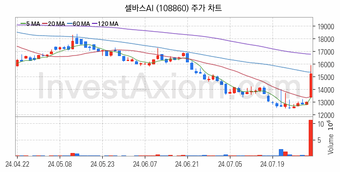 지능형로봇 인공지능AI 관련주 셀바스AI 주식 종목의 분석 시점 기준 최근 일봉 차트