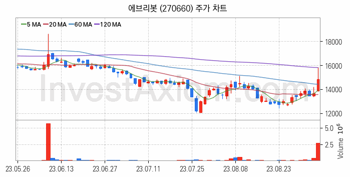 지능형로봇 인공지능AI 관련주 에브리봇 주식 종목의 분석 시점 기준 최근 일봉 차트