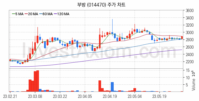 지주사 관련주 부방 주식 종목의 분석 시점 기준 최근 일봉 차트