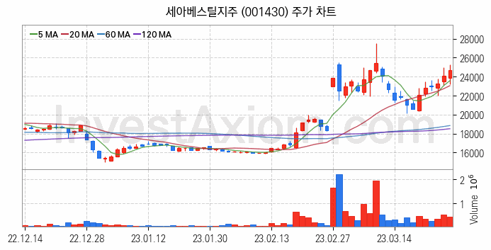 철강 관련주 세아베스틸지주 주식 종목의 분석 시점 기준 최근 일봉 차트