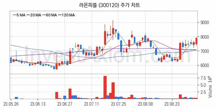 카메라모듈부품 관련주 라온피플 주식 종목의 분석 시점 기준 최근 일봉 차트