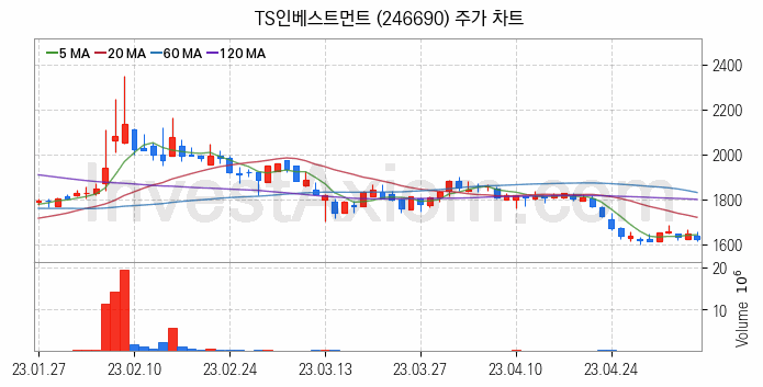 크래프톤 관련주 TS인베스트먼트 주식 종목의 분석 시점 기준 최근 일봉 차트