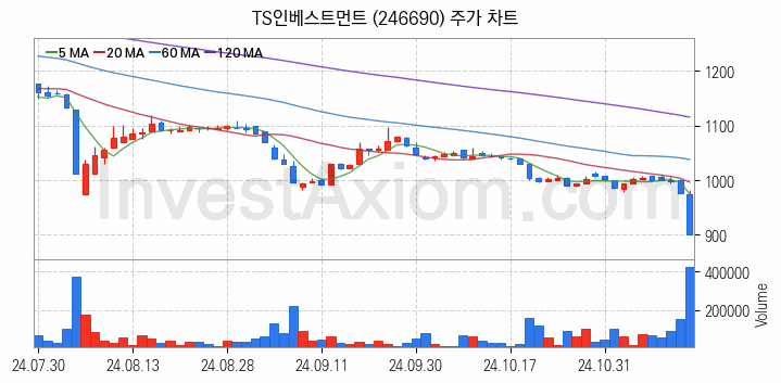 크래프톤 관련주 TS인베스트먼트 주식 종목의 분석 시점 기준 최근 일봉 차트