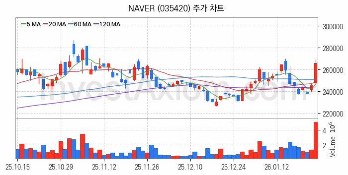 클라우드 컴퓨팅 관련주 NAVER 주식 종목의 분석 시점 기준 최근 일봉 차트