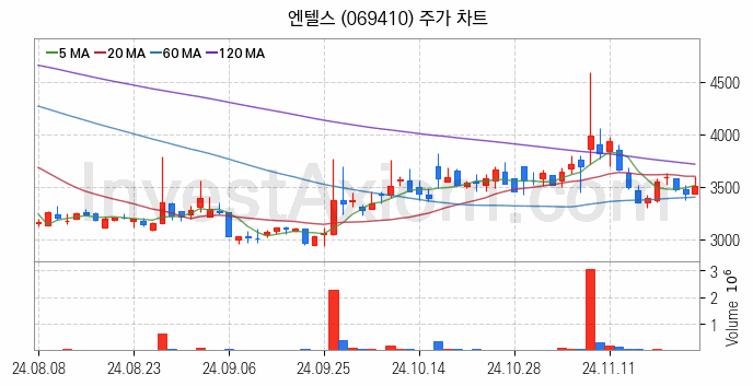 클라우드 컴퓨팅 관련주 엔텔스 주식 종목의 분석 시점 기준 최근 일봉 차트