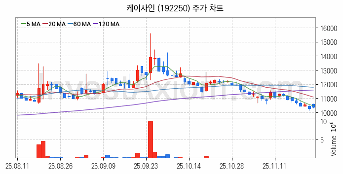 클라우드 컴퓨팅 관련주 케이사인 주식 종목의 분석 시점 기준 최근 일봉 차트