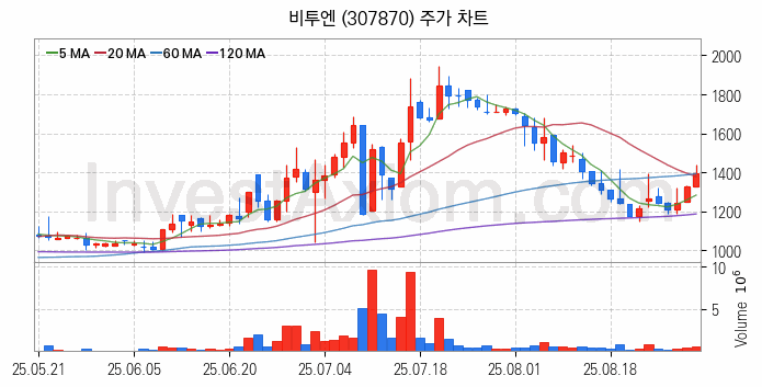 클라우드 컴퓨팅 관련주 비투엔 주식 종목의 분석 시점 기준 최근 일봉 차트