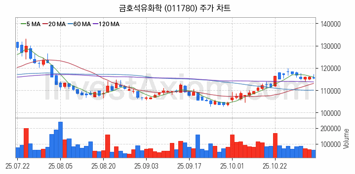타이어 관련주 금호석유화학 주식 종목의 분석 시점 기준 최근 일봉 차트