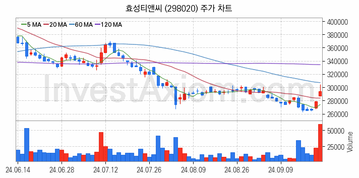 타이어 관련주 효성티앤씨 주식 종목의 분석 시점 기준 최근 일봉 차트