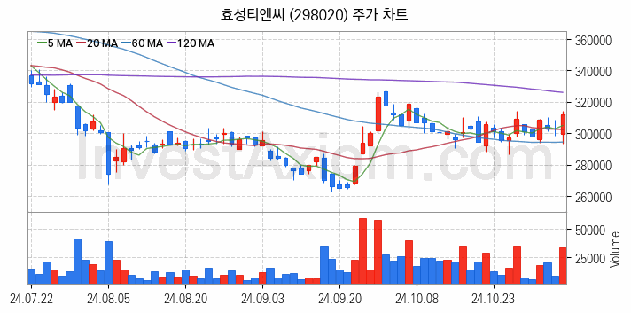 타이어 관련주 효성티앤씨 주식 종목의 분석 시점 기준 최근 일봉 차트