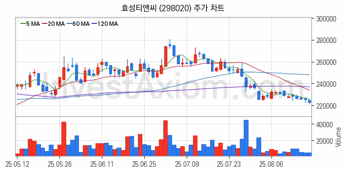 타이어 관련주 효성티앤씨 주식 종목의 분석 시점 기준 최근 일봉 차트