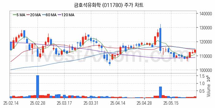 탄소나노튜브 관련주 금호석유화학 주식 종목의 분석 시점 기준 최근 일봉 차트