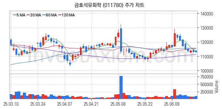 탄소나노튜브 관련주 금호석유화학 주식 종목의 분석 시점 기준 최근 일봉 차트