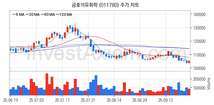 탄소나노튜브 관련주 금호석유화학 주식 종목의 분석 시점 기준 최근 일봉 차트