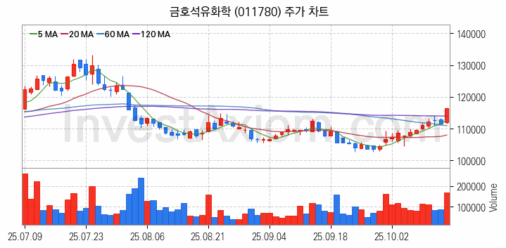 탄소나노튜브 관련주 금호석유화학 주식 종목의 분석 시점 기준 최근 일봉 차트