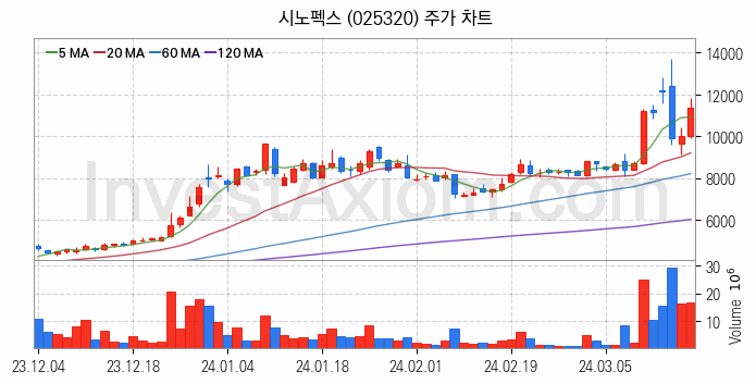 태블릿PC 관련주 시노펙스 주식 종목의 분석 시점 기준 최근 일봉 차트