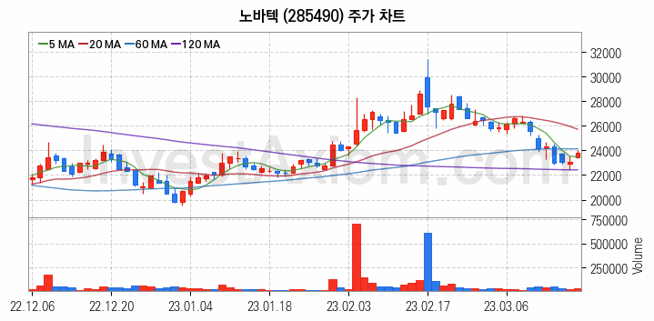 태블릿PC 관련주 노바텍 주식 종목의 분석 시점 기준 최근 일봉 차트