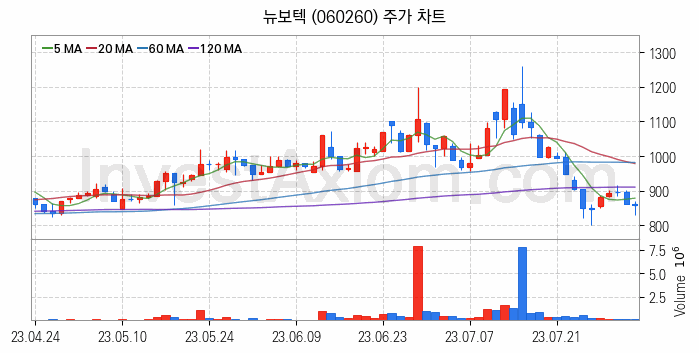 태풍 장마 관련주 뉴보텍 주식 종목의 분석 시점 기준 최근 일봉 차트