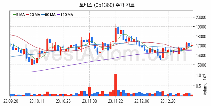 터치패널 관련주 토비스 주식 종목의 분석 시점 기준 최근 일봉 차트