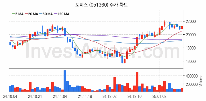 터치패널 관련주 토비스 주식 종목의 분석 시점 기준 최근 일봉 차트