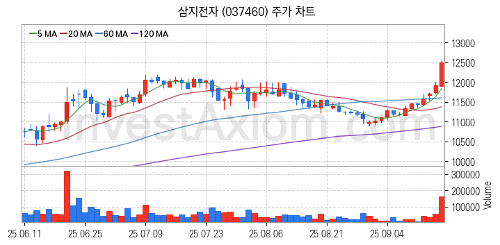 통신장비 관련주 삼지전자 주식 종목의 분석 시점 기준 최근 일봉 차트