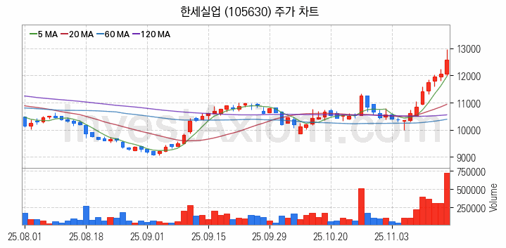 패션의류 관련주 한세실업 주식 종목의 분석 시점 기준 최근 일봉 차트